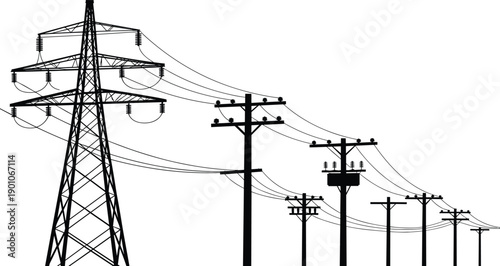 High voltage power transmission tower with utility poles and overhead electrical lines isolated on white background representing energy infrastructure and electricity distribution