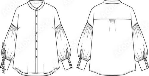 Women blouse technical fashion illustration showing front and back views with button placket gathered puff sleeves cuff details isolated on white background for apparel design use