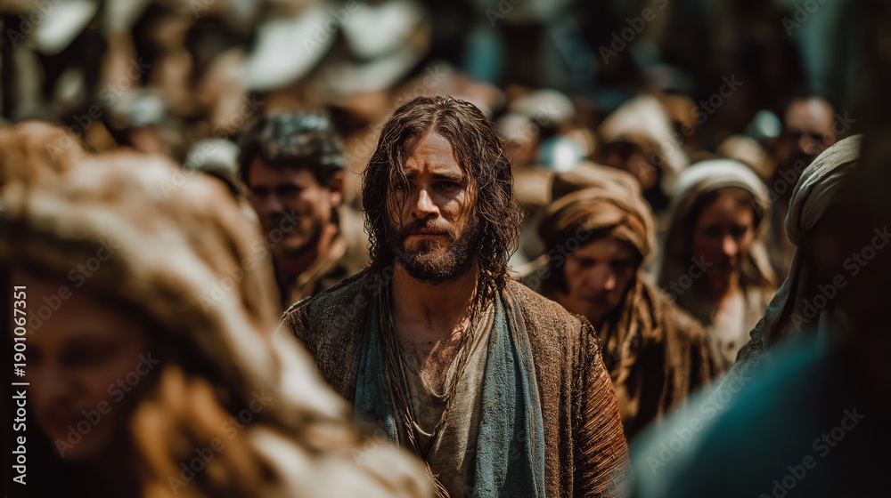Obraz premium Jesus Christ walking through a crowded city street in ancient times, surrounded by people. Historical biblical scene portraying humility, presence among the people, and spiritual significance.