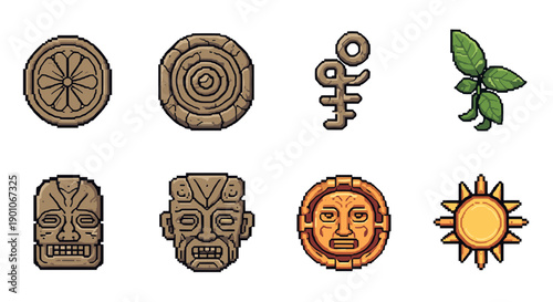 Pixel art ancient symbols and masks with aztec and mayan influences