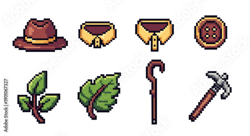 Retro pixel icons: vintage hat, leaves, tools, and fashion accessories