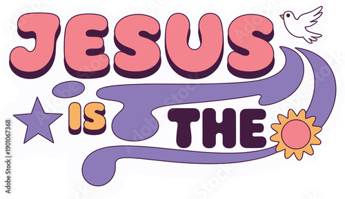 Jesus is the light, vibrant retro design with dove and sun, religious sticker, peace message