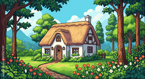 Whimsical cottage in lush summer garden with thatched roof and blooming flowers