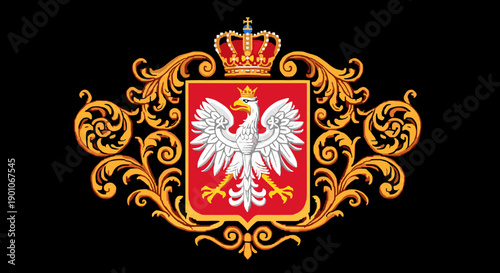 Ornate heraldic crest with white eagle and royal crown on red shield