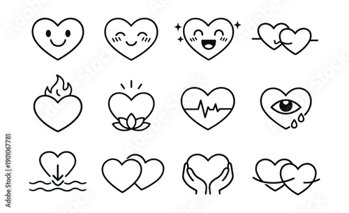 Heart-themed emotions and connections line icons set