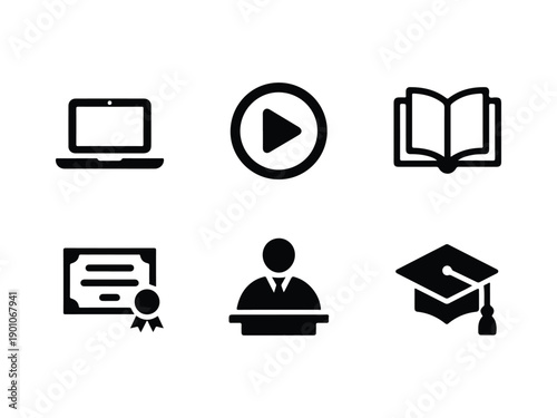 Black and white icons for online education and learning resources