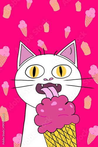 White cat licking pink ice cream cone on vibrant magenta background with repeating ice cream pattern. Whimsical pet vector illustration, pop art, fun food poster, playful cartoon. 