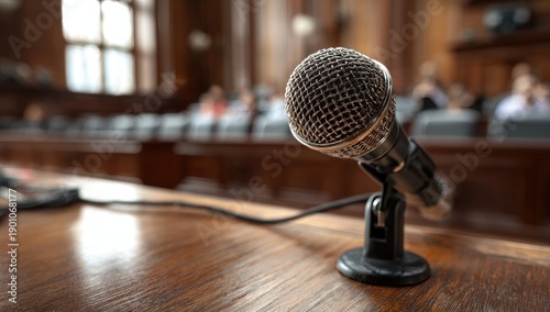 A microphone sits on a polished wooden table in a room with blurred figures