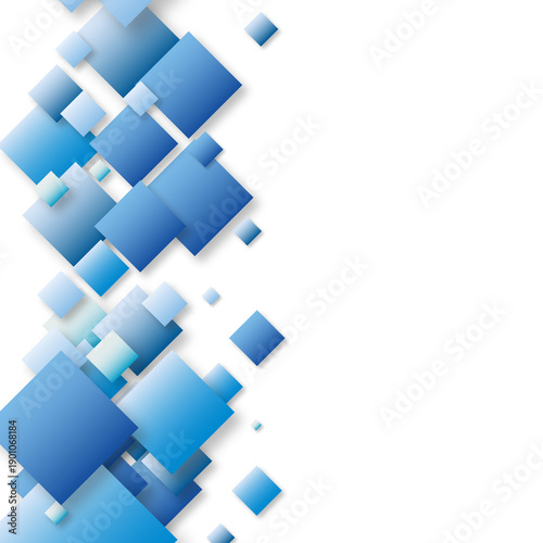 Abstract geometric background with blue 3D squares and gradient shapes on light gray backdrop.