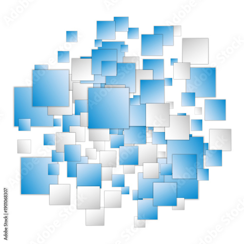 Abstract central composition with blue and white geometric squares. png