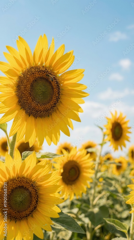 Fototapeta premium Sunflower field with tall yellow blooms under soft blue sky and scattered clouds
