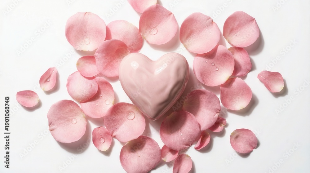 Obraz premium Heart-shaped soap surrounded by pink rose petals on clean white background