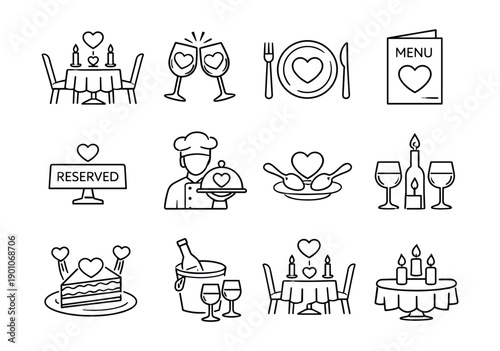 Romantic dining and love line icons set