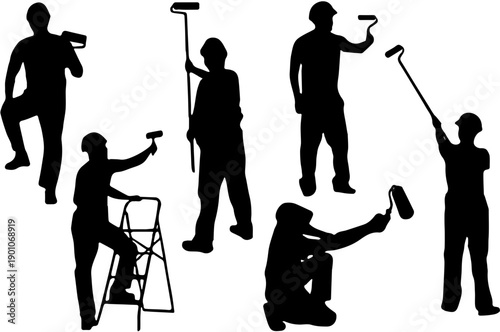 Collection of professional painter silhouettes working with rollers and ladders