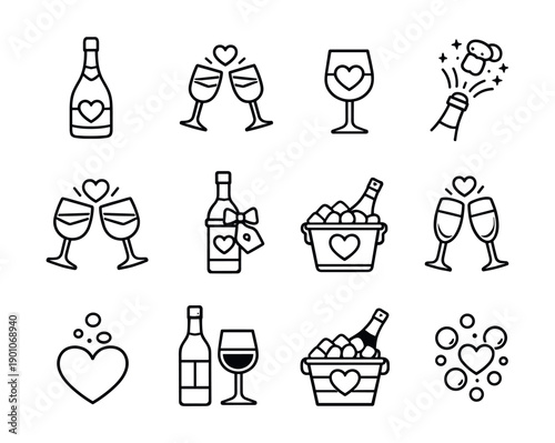 Love and celebration wine icons set