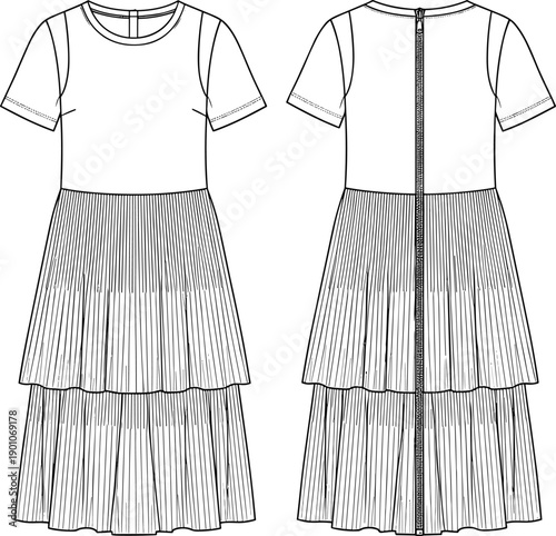 Women layered pleated dress technical fashion illustration showing front and back views with short sleeves tiered skirt and back zipper isolated on white background