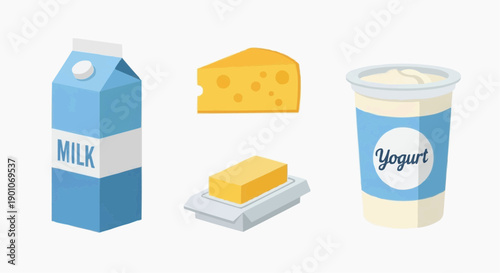 Dairy products including milk, cheese, butter, and yogurt displayed together in a simple graphic illustration from a straightforward front viewpoint
