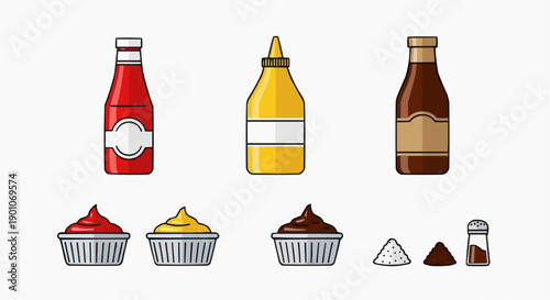 Assorted sweet toppings and syrups arranged with cupcakes in a digital illustration from a straightforward viewpoint