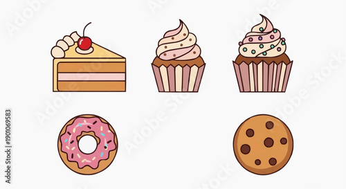 Assorted desserts including cake, cupcakes, donut, and cookie on a clean white surface, viewed from directly above.