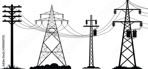High voltage power transmission towers and utility poles with electric lines, modern energy infrastructure illustration isolated on white background for industrial electricity distribution concepts