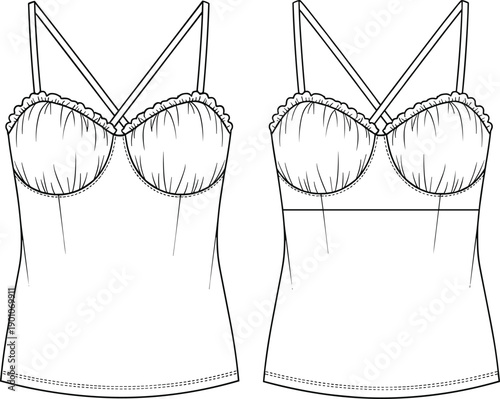 Women lingerie camisole technical fashion illustration showing front views with structured bra cups spaghetti straps and seam details isolated on white background for apparel design