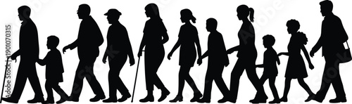 Human life cycle silhouette showing people of different ages walking together, from childhood to old age, representing growth, aging, generation, and life stages