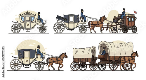 Collection of horse-drawn carriages and wagons, illustrating historical modes of transportation.