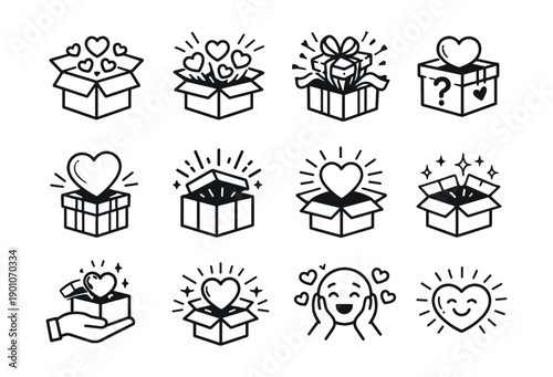 Love and gift box variations icons set