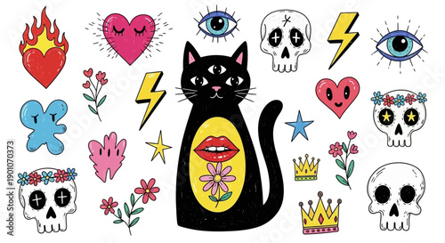 A collection of quirky and colorful graphic elements including a black cat with a mouth on its belly, skulls with flowers, hearts, lightning bolts, and eyes.