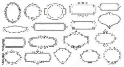 A collection of various ornate decorative frames and borders in a black and white line art style.