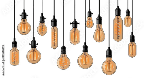 A collection of various Edison-style incandescent light bulbs hanging from black cords against a white background.
