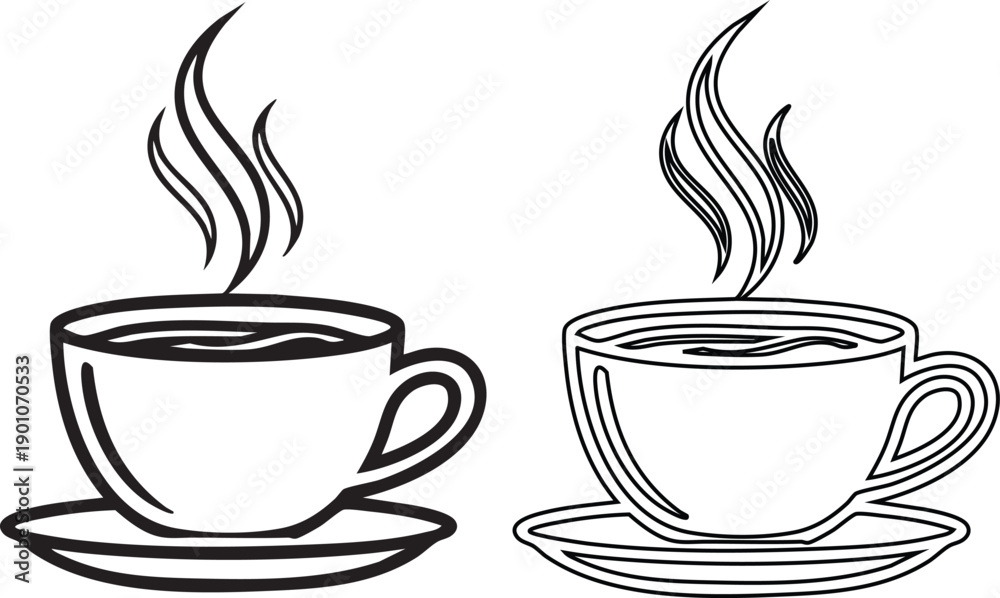 Obraz premium Black and white of two steaming coffee cups on saucers line hot beverage