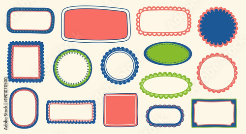 A collection of decorative, colorful, and varied shapes of labels and frames with scalloped edges and solid borders, set against a light beige background.