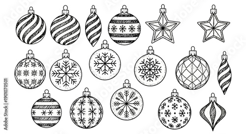 A collection of hand-drawn black and white Christmas ornaments, including spheres, stars, and teardrop shapes with various festive patterns.