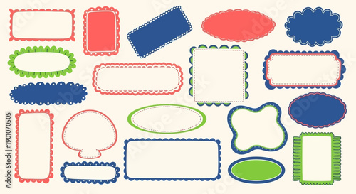 A collection of various decorative frames and labels in different shapes and colors, presented on a textured background.