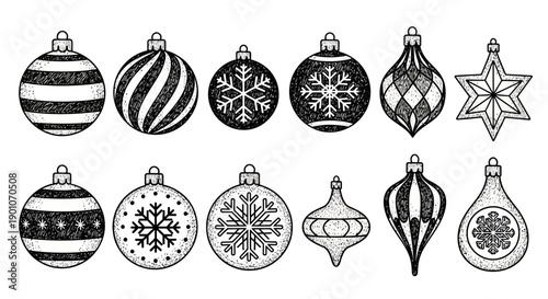 A collection of twelve hand-drawn Christmas ornaments, featuring various festive designs like snowflakes and stripes, presented in a top-down view.