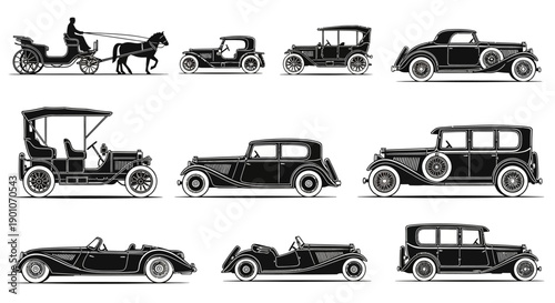 A collection of vintage automobiles and a horse-drawn carriage, showcasing the evolution of personal transportation.