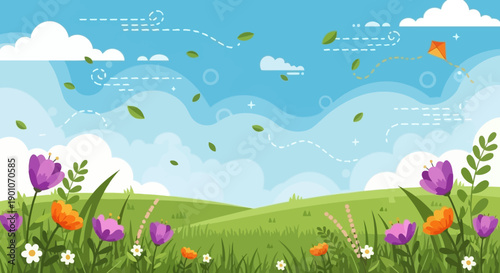 A vibrant spring landscape with rolling green hills, blooming flowers, and a kite flying in the breezy blue sky.
