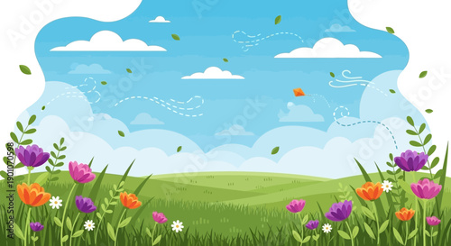 A vibrant spring landscape with rolling green hills, a bright blue sky dotted with fluffy clouds, and a foreground filled with colorful blooming flowers.