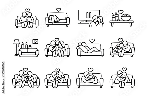 Couple love and affection line art illustrations set