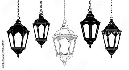 A collection of five ornate hanging lanterns, some black and some white, in a decorative arrangement.