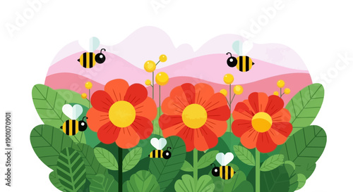 A vibrant illustration of a sunny meadow filled with blooming red flowers and busy bees buzzing around.