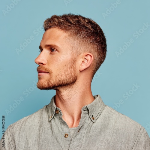 A man stands side profile with a neat haircut in a studio setting with a blue backdrop
