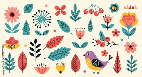 A charming collection of folk art-inspired illustrations featuring various flowers, leaves, berries, and a cute bird.