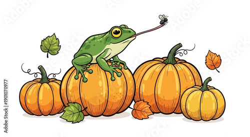 A green frog perched on a pumpkin, catching a fly with its long tongue, surrounded by autumn leaves and other pumpkins.