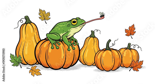 A green frog perched on a pumpkin, catching a fly with its long tongue, surrounded by autumn leaves and pumpkins.