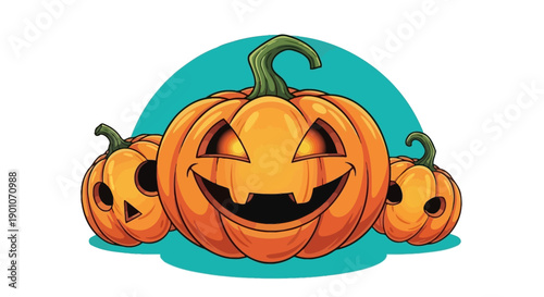 Three carved Halloween pumpkins with spooky faces, one large in the center and two smaller ones on the sides, set against a teal background.