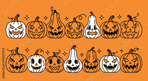 A festive collection of carved Halloween pumpkins with spooky and smiling faces, set against an orange background with sparkling stars.