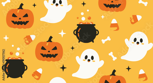 A cheerful Halloween pattern featuring pumpkins, ghosts, cauldrons, and candy corn on an orange background.