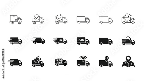 logistic truck icons with different features and services for delivery and transportation